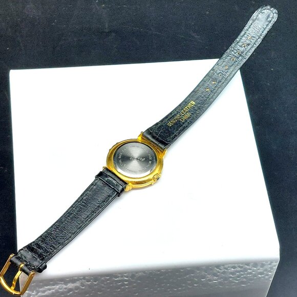 Vintage Signature Studio Quartz Watch Gold & Silver Tone Black Leather Strap - Picture 10 of 10